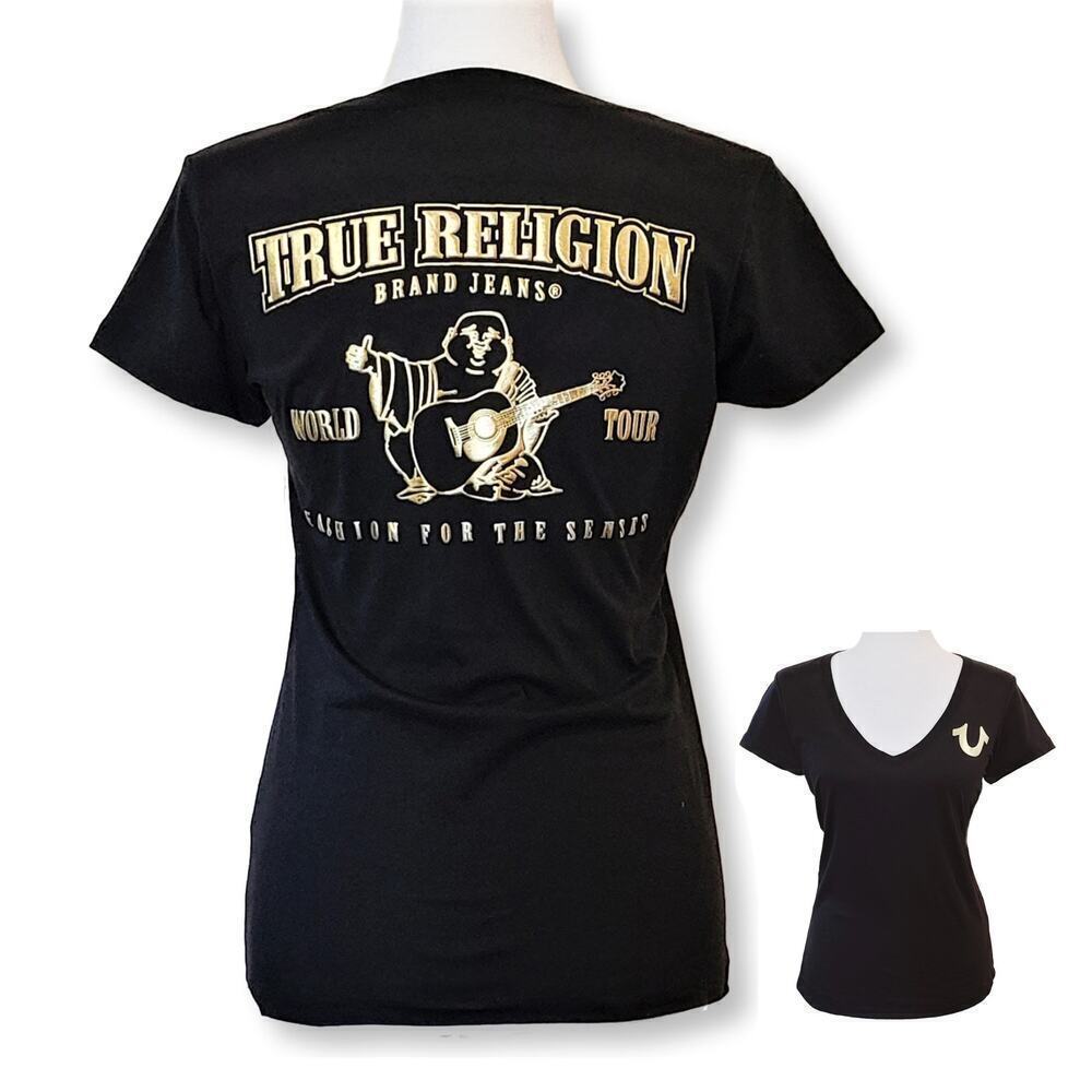 NWT True Religion Womens Gold Metallic Buddha  Logo Graphic Print Cotton T-Shirt
